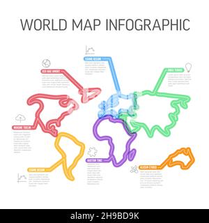 Carte du monde vectoriel modèle de rapport infographique composé de lignes de marqueurs épaisses et d'icônes en forme de carte du monde continents avec des icônes et des descriptions Illustration de Vecteur