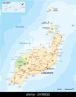 Carte routière vectorielle de l'île des Canaries Lanzarote Illustration de Vecteur
