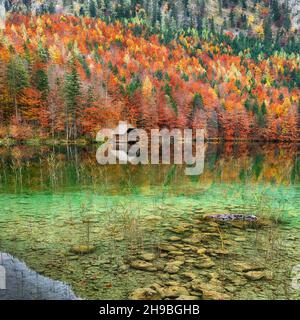 Spectaculaire scène automnale du lac Hinterer Langbathsee.Destination Poppular travell.Lieu: Vorderer Langbathsee, région de Salzkammergut, haute-Autriche, Banque D'Images