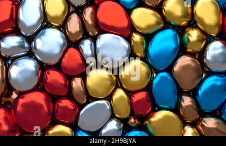 arrière-plan abstrait des boules métalliques déformées de différentes couleurs.rendu 3d Banque D'Images
