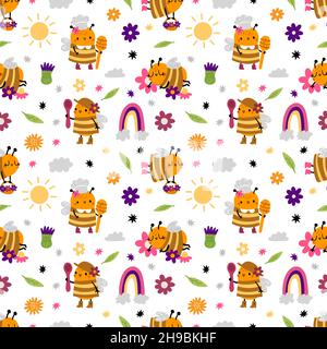 Motif abeilles sans couture.Petite abeille mignonne avec cuillère à miel en bois, panier avec fleurs et nœuds en arc-en-ciel amusants pour enfants, imprimé été.Décoration vectorielle textile Illustration de Vecteur