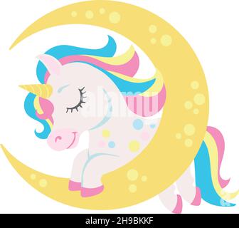 Croissant de licorne endormi.Cheval de rêve tenant la grande lune Illustration de Vecteur
