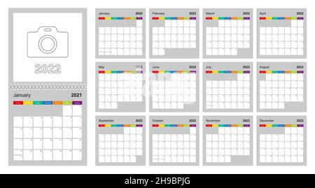 Calendrier 2022 design coloré, ensemble de 12 pages de calendrier de calendrier de plan mural vectoriel sur fond gris.La semaine commence le dimanche.Modèle de calendrier vectoriel. Illustration de Vecteur
