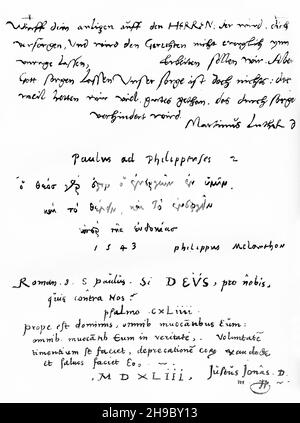 Copies de l'écriture manuscrite de Martin Luther, Philip Melancthon et Jutus Jonas, éminents réformateurs au XVIe siècle. Banque D'Images