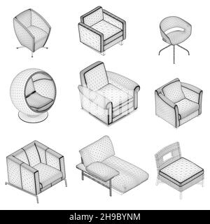 Ensemble de fauteuils et chaises à lignes noires isolées sur fond blanc.Vue isométrique.3D.Illustration vectorielle. Illustration de Vecteur