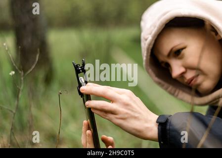 Objectifs de téléphone pour la photographie macro.Une femme tient un téléphone portable avec une macro dans ses mains et prend des photos de plantes. Banque D'Images