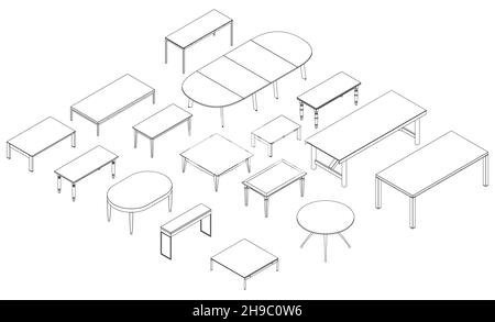 Définir avec les contours des tables à partir de lignes noires isolées sur fond blanc.Vue isométrique.3D.Illustration vectorielle. Illustration de Vecteur