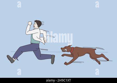 Concept peur et peur des chiens.Jeune homme stressé peur courant à partir d'un chien brun en plein air sentiment de peur et de panique vecteur illustration Illustration de Vecteur