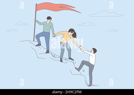 Concept de travail d'équipe, de réussite et de réalisation.Groupe de jeunes collègues s'aidant les uns les autres à monter en montagne pour atteindre le drapeau rouge ensemble illustration vectorielle Illustration de Vecteur