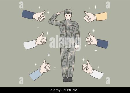 Concept de salutation et d'approbation des soldats.Jeune homme soldat et camouflage kaki costume uniforme debout salutation avec les mains humaines montrant les pouces vers le haut signe de tous les côtés illustration vectorielle Illustration de Vecteur