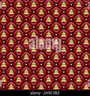 Motif sans couture avec une texture en cuir rouge et un sapin de Noël doré.Arrière-plan du vecteur de la nouvelle année. Illustration de Vecteur