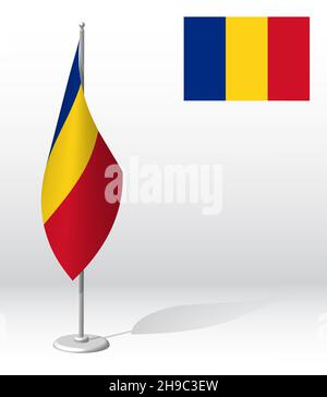 DRAPEAU DE ROUMANIE sur le mât pour l'enregistrement d'un événement solennel, la rencontre d'invités étrangers.Jour de l'indépendance nationale DE LA ROUMANIE.Vecteur 3D réaliste sur blanc Illustration de Vecteur