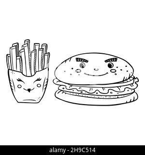 Circulaire de la Saint-Valentin, carte postale, autocollant avec de mignons hamburgers à frites. Illustration de Vecteur
