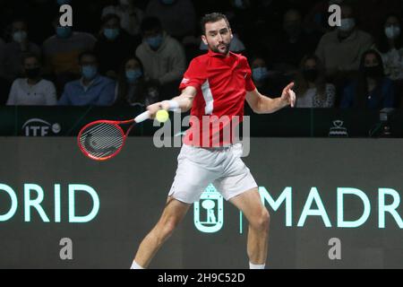 Marin Cilic de Croatie lors de la finale de la coupe Davis 2021, match de tennis entre la Russie et la Croatie le 5 décembre 2021 à Madrid Arena, Espagne - photo: Laurent Lairys/DPPI/LiveMedia Banque D'Images