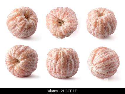 des pamplemousses blancs pelés aussi appelés citrus paradisi, collection sous différents angles, isolés sur fond blanc Banque D'Images