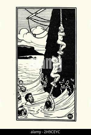 Illustration vintage du troisième voyage de Sinbad le Sailor, la corde de montée hors de la mer.Joseph Benwell Clark Banque D'Images
