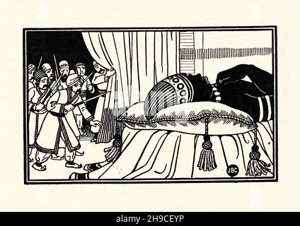 Illustration vintage du troisième voyage de Sinbad le Sailor, attaquant le géant pendant qu'il dort.Joseph Benwell Clark Banque D'Images