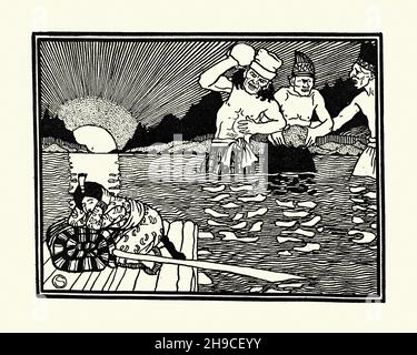 Illustration vintage du troisième voyage de Sinbad le Sailor, Giants lançant des rochers à radeau.William Strang Banque D'Images
