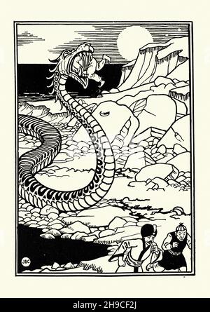 Illustration vintage du troisième voyage de Sinbad le Sailor, serpent géant, dragon, manger un homme.Joseph Benwell Clark Banque D'Images