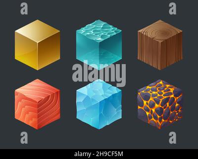 Ensemble de cubes isométriques, texture de jeu, icônes 3d pièce de glace gelée, bois, lave, eau et boîtes dorées pour ordinateur ou mobile interface utilisateur ou interface graphique.Illustration vectorielle de dessin fantaisie World Illustration de Vecteur