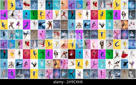 Collage réalisé à partir de portraits de danseurs de ballet féminins et masculins dansant isolés sur fond multicolore à la lumière du néon. Banque D'Images