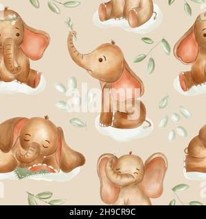 Éléphants aquarelle pour la pépinière, motif sans couture sur fond rose.Mignonnes en forme de boho.Utilisation pour le textile, la pépinière, les papiers peints. Banque D'Images