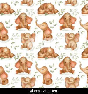 Éléphants aquarelle pour la pépinière, motif sans couture sur fond blanc.Mignonnes en forme de boho.Utilisation pour le textile, la pépinière, les papiers peints, wrapp Banque D'Images