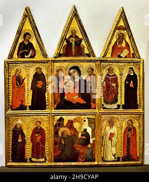 Polyptyque avec la Madonna et les saints infirmiers, et plus, la Trinité entre les saints Jean-Baptiste et Jeromey Pietro da Alba (Pietro Gallo) 1385-1389 Italie Italien Banque D'Images