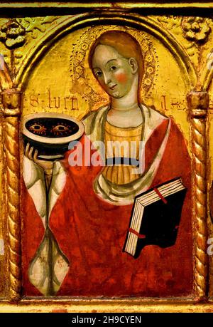 Peinture d'Antonio da Monteregale vers 1435 montrant des saints chrétiens dans des panneaux cintrés recouverts de feuille d'or, détails d'un polyptyque retable, art religieux, maître italien. Antonio da Monteregale (1426-35) - Deux panneaux d'un polyptyque avec des saints et l'Annonciation, 1435 Italie, italien. Annonciation, bénie, Vierge Marie, l'annonce par l',ange Gabriel, Marie qu'elle concevrait, donnerait naissance à un fils par une naissance virginale, deviendrait la mère de Jésus-Christ, Messie chrétien et Fils de Dieu, Incarnation, Banque D'Images