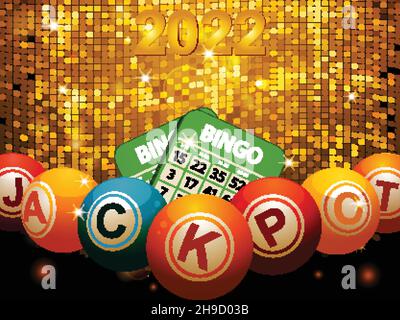Boules de bingo indiquant le mot Jackpot et les cartes de bingo sur Un mur d'or étincelant de tuiles disco avec la date du nouvel an 2022 Illustration de Vecteur