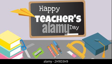 Image composite du texte du jour de l'enseignant heureux sur le tableau noir par les fournitures scolaires Banque D'Images