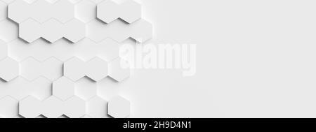 Papier peint à fond hexagonal en nid d'abeille blanc décalé aléatoire avec motif de bannière avec espace de copie, illustration 3D Banque D'Images