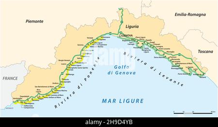 Carte vectorielle des villes de la Riviera italienne, Riviera Ligurienne Illustration de Vecteur