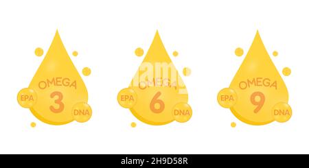 Omega 3, 6, 9, icône dorée.Capsule de pilule de vitamine.Goutte d'essence dorée brillante.Vecteur Illustration de Vecteur