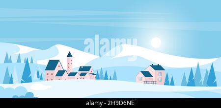 Hiver Noël campagne paysage avec montagnes et collines couvertes de neige illustration vectorielle.Dessin animé paysage naturel ensoleillé avec maisons de village européen, forêt et arbres dans un design simple Illustration de Vecteur