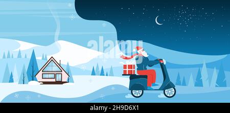 Livraison de cadeaux de Noël illustration vectorielle.Dessin animé drôle Père Noël avec lunettes et chapeau rouge scooter de moteur avec boîte en paysage d'hiver.Noël carte de vœux fond de conception Illustration de Vecteur