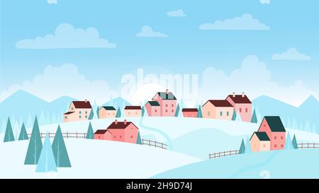 Illustration vectorielle paysage enneigé village d'hiver.Le dessin animé abrite des cottages sur des collines enneigées et glacées, des montagnes et de simples sapins dans un paysage panoramique, figé paysage de la nature du pays des merveilles en arrière-plan Illustration de Vecteur