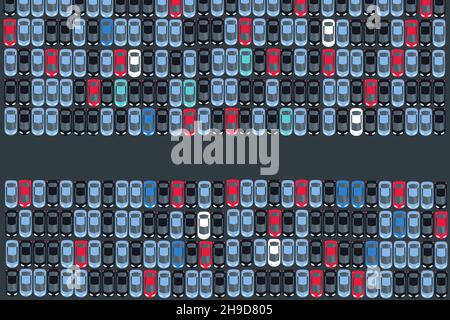 Voitures neuves garées dans des rangées nettes. Aire de stationnement de la distribution et de la logistique du concessionnaire du constructeur. Illustration de Vecteur