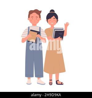 Bonne mignonne petite fille et garçon tenant des livres dans les mains.Les amoureux de la lecture et l'éducation des enfants caricature illustration vectorielle Illustration de Vecteur