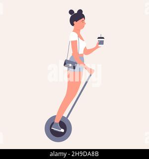 Une fille buvant du café sur un scooter électrique à roue simple auto-équilibrant.Illustration vectorielle de dessin animé de transport écologique Illustration de Vecteur