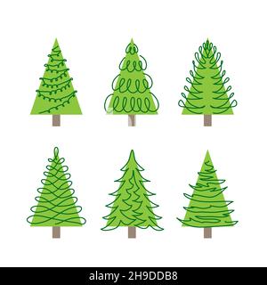 Ensemble de pins vectoriels Doodle.Un dessin de ligne continue art simple vert arbres de Noël, pins, ensemble de sapin Illustration de Vecteur