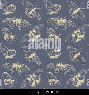 Papillons motif sans couture, dessin dessiné à la main du papillon de vue avant et latérale sur l'illustration vectorielle d'arrière-plan sombre Illustration de Vecteur