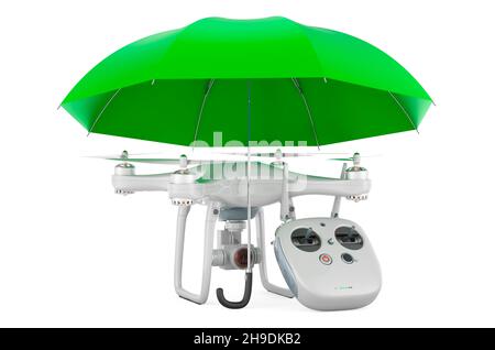 Drone sous parapluie, rendu 3D isolé sur fond blanc Banque D'Images