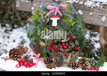 décoration avec vert hivernal en pot, pommes de pin et de crabe dans le jardin d'hiver Banque D'Images