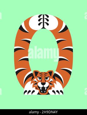 0 avec tigre stilizated pour créer 2022 carte de vœux isolée.Illustration de l'art plat Banque D'Images