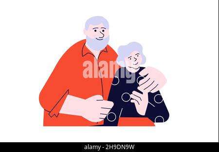 Couple de personnes âgées famille ensemble.Un homme de haut niveau prend le portrait de sa femme.Illustration de l'art plat Banque D'Images