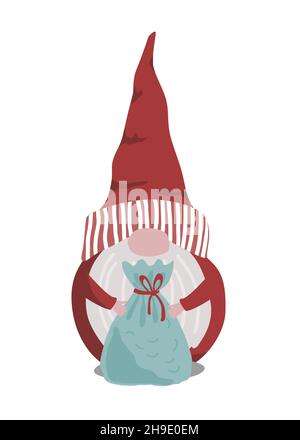 Mignon gnome de Noël tenant un sac cadeau avec un peu de Trésor.Illustration vectorielle dessinée à la main isolée sur blanc.Noël montagne Elf dans le style scandinave Illustration de Vecteur