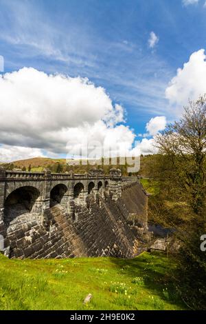 Vue sur le barrage du lac réservoir de Llyn Vyrnwy, Oswestry, Powys North Wales, portrait Banque D'Images