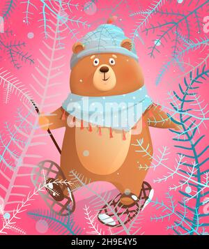 Carte postale Bear Skiing in Winter Christmas Holiday Illustration de Vecteur