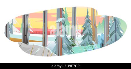 Paysage d'hiver isolé.Conifères dans la neige.Magnifique ciel le soir ou le matin.Horizon lointain.Illustration en forme de dessin animé plate Illustration de Vecteur